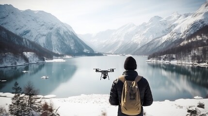 adult male man traveller using smartphone and remote control drone for taking aerial topview landscape photograph while travel vacation in snow mountain and ice lake winter time
