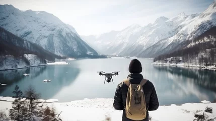 Fotobehang adult male man traveller using smartphone and remote control drone for taking aerial topview landscape photograph while travel vacation in snow mountain and ice lake winter time © VERTEX SPACE
