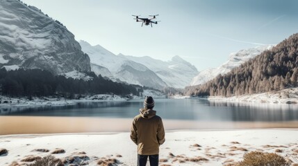 adult male man traveller using smartphone and remote control drone for taking aerial topview landscape photograph while travel vacation in snow mountain and ice lake winter time