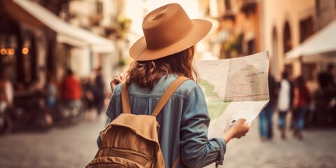 Caucasian traveler woman in european city with a map Young a young female tourist reading a map on...