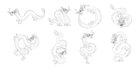 Vector Chinese Traditional Dragons Set Characters Illustration Isolated