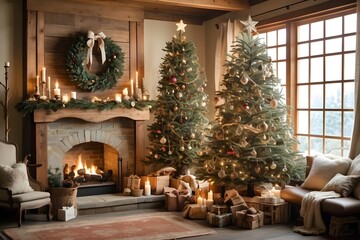 fireplace with christmas tree and decorations