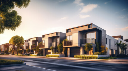 Luxury housing projects, featuring modern townhouses and villas. Explore investment opportunities in the real estate market with property listings. - obrazy, fototapety, plakaty