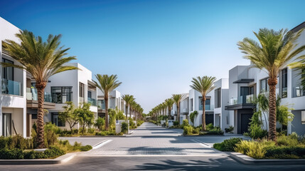 Luxury housing projects, featuring modern townhouses and villas. Explore investment opportunities in the real estate market with property listings. - obrazy, fototapety, plakaty