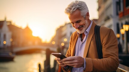 old man greyhair using smartphone checking reservation booking hotel for checkin while travel in europe oldtown famous destination smart casual cloth smiling happiness travel concept - obrazy, fototapety, plakaty