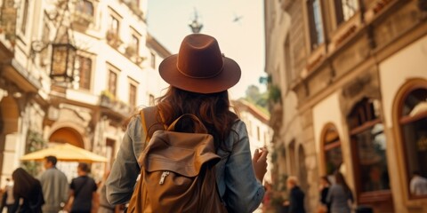 Obraz premium Caucasian traveler woman in european city with a map Young a young female tourist reading a map on the street in old town europe