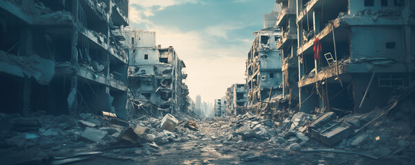 Illustration of the city destroyed during war or earthquake. - obrazy, fototapety, plakaty
