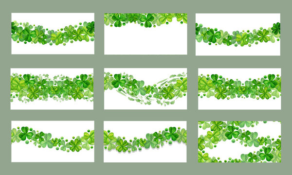 Set of watercolor green shamrock seamless banners for background design illustrations of spring, St Patrick, green grass, summer greenery