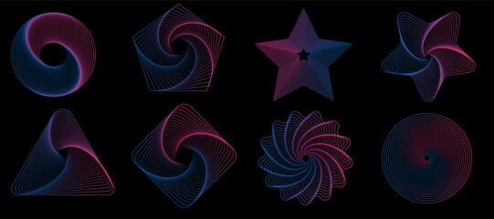 Abstract aesthetic y2k geometric elements and 3D wireframe shapes collection. Gradient retro line design elements. Vector illustration for social networks or posters. 