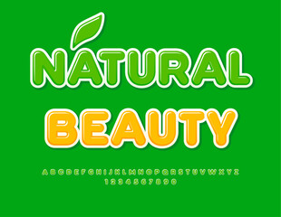 Vector eco concept Natural Beauty with decorative Leaf. Glossy Alphabet Letters and Numbers set. Green modern Font