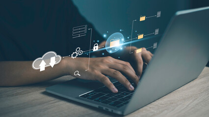 Digital checklist or Document Management System (DMS) concept. Businessman tick correct at checkbox...