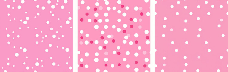 Collection of seamless pattern of pink and white circles on rose background. White polka dot pattern. Childish style. Cute simple design for fabric, card, layout