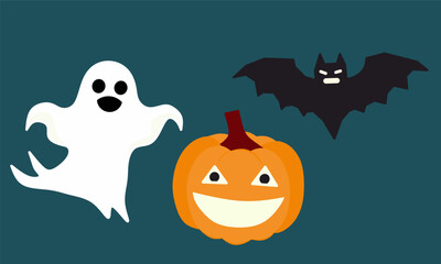 Happy Halloween. Bats, ghost spirits, pumpkins with faces. Set of cute kawaii cartoon characters. Flat design.