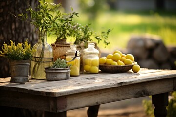 Lovely rustic table perfect for showcasing products outdoors. Serene ambiance with soft focus and sunshine. Generative AI