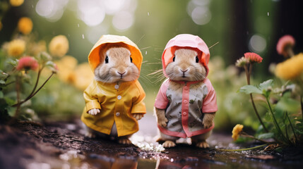 春の雨の日、雨ガッパを着てお出かけする２匹のウサギ - obrazy, fototapety, plakaty