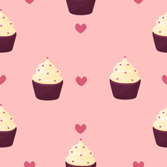 Seamless vector pattern with cupcake and hearts.  Vector pattern