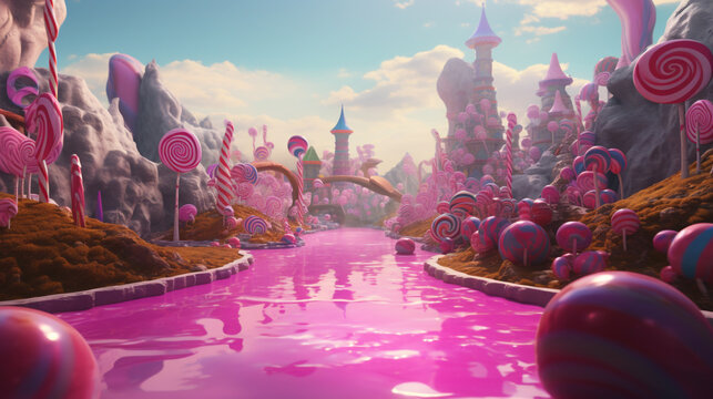 A candy and sweet themed fantasy world with attractive and bright multi-colored buildings and plants. Full of joy and happiness.