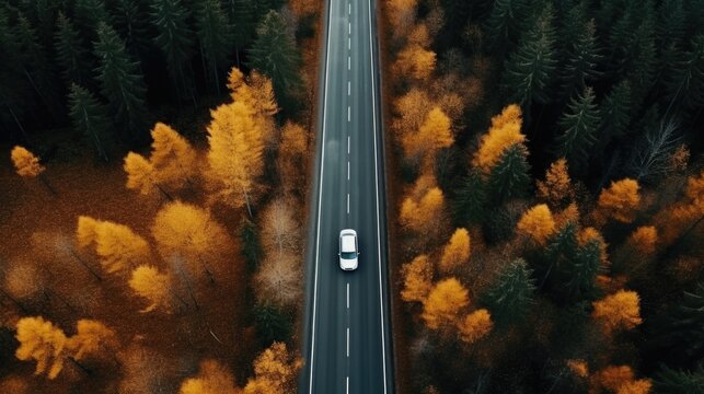 a road with a passing car between the autumn forest top view