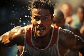 Capturing the powerful a sprinter leaving the starting block, showcasing the intensity and determination of the race. The focus is on the muscles and the force, portraying the energy. Generative ai