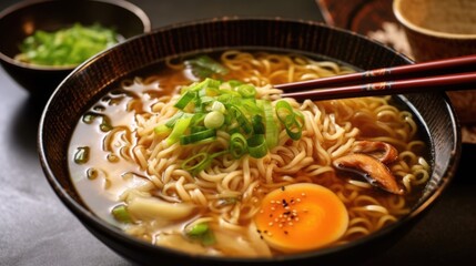 Photo of Japanese ramen soup with chopsticks