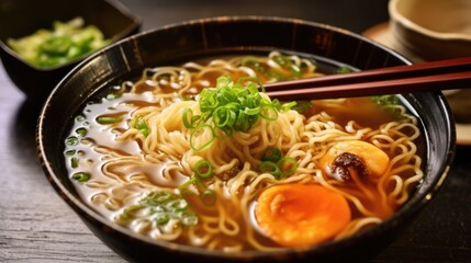 Photo of Japanese ramen soup with chopsticks