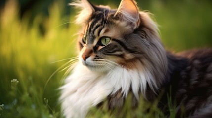 The cat looks to the side and sits on a green lawn.