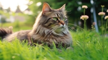 The cat looks to the side and sits on a green lawn.