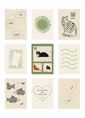 Set of positive social media quotes, motivation posters on trendy abstract background in neutral colors (Japanese text translation: cat, poster design).