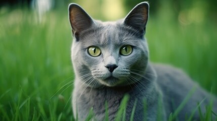 Obraz premium The cat looks to the side and sits on a green lawn.