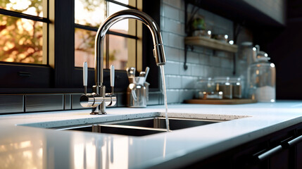 Contemporary Kitchen Elegance. A sophisticated kitchen interior focuses on a modern, sleek faucet and sink, paired with a luminous countertop, all bathed in warm, natural light from a window