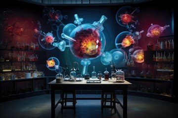 Laboratory research and development concept, 3d rendering science background, Futuristic laboratory equipment illuminates scientific discovery in a glowing industry - obrazy, fototapety, plakaty