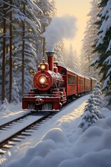 Historic steam locomotive. Old vintage red train ride in the snowy forest in north pole. Fairy tale winter landscape. Retro aesthetic. Christmas and New Year concept. Design for banner, card, poster  - obrazy, fototapety, plakaty