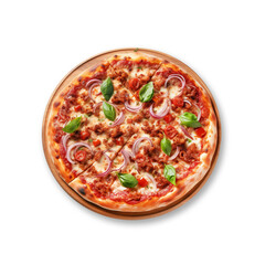 Italian pizza on wooden pizza board isolated on transparent background, flat lay, top view shot. AI generated content.