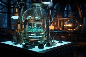 Fototapeta premium 3d rendering of a scientific laboratory with a glass tube and a microscope, Chemistry Lab concept, Laboratory science, research, equipment