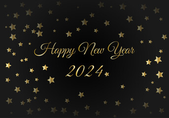 happy new year 2024 banner, golden text and stars