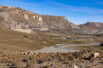 Traveling the famous Ruta40 in the scenic Argentinian highlands - fantastic views while driving through colorful and remarkably shaped mountains and watching wildlife in high altitude in South America