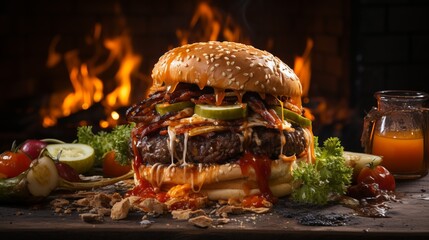 Burnt and disgusting burger. Bun with vegetables and meat. Unappetizing food with an open fire. Disgusting meat, unhealthy food. - obrazy, fototapety, plakaty