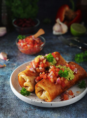 A typical dish of Mexican cuisine - Chimichanga, made of tortilla with different ingredients