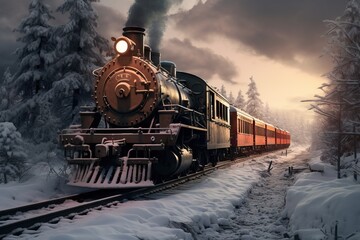 Historic steam locomotive. Old vintage train ride in the snowy forest in north pole. Fairy tale winter landscape. Retro aesthetic. Christmas and New Year concept. Design for banner, card, poster 