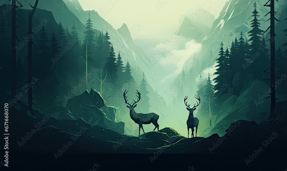 Poster two deer are standing in a mountain forest generative ai