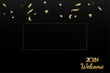Black New Year background with serpentine and stars. Happy New Year 2024 greeting card, with golden inscription and place for your text. New Year 2024 concept. Vector illustration.
