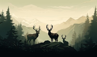 Fototapeta na wymiar three silhouettes of deer on the side of a mountain Generative AI