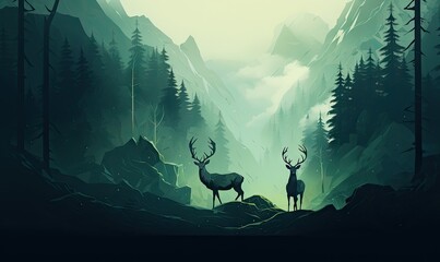 two deer are standing in a mountain forest Generative AI