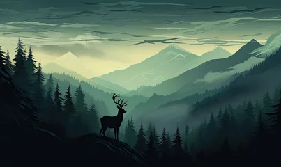 Foto op Aluminium deer and pines in mountain landscape Generative AI © SKIMP Art