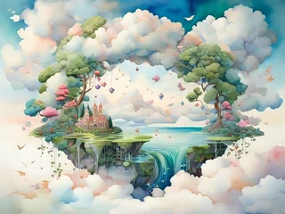 Fotobehang una caprichosa isla flotante, compuesta de esponjosas nubes parecidas a malvaviscos y un exuberante follaje verde que cae en cascada desde sus bordes © karloss2006