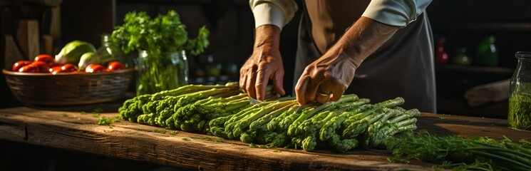 The chef cuts the asparagus sprouts on a cutting board, and the healthy greens are prepared. Processing and preparation Diet food for consumption, vegetarian menu