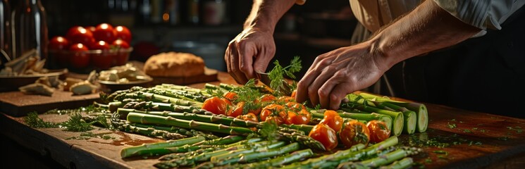 The chef cuts the asparagus sprouts on a cutting board, and the healthy greens are prepared. Processing and preparation Diet food for consumption, vegetarian menu - obrazy, fototapety, plakaty