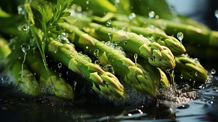 Blanched asparagus sprouts in a saucepan, boiling healthy greens in water. Diet food, vegetarian menu