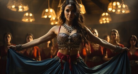 A girl with a beautiful body dances a belly dance in oriental attire with jewelry and pendants. Woman with long hair in motion.