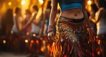 A girl with a beautiful body dances a belly dance in oriental attire with jewelry and pendants....